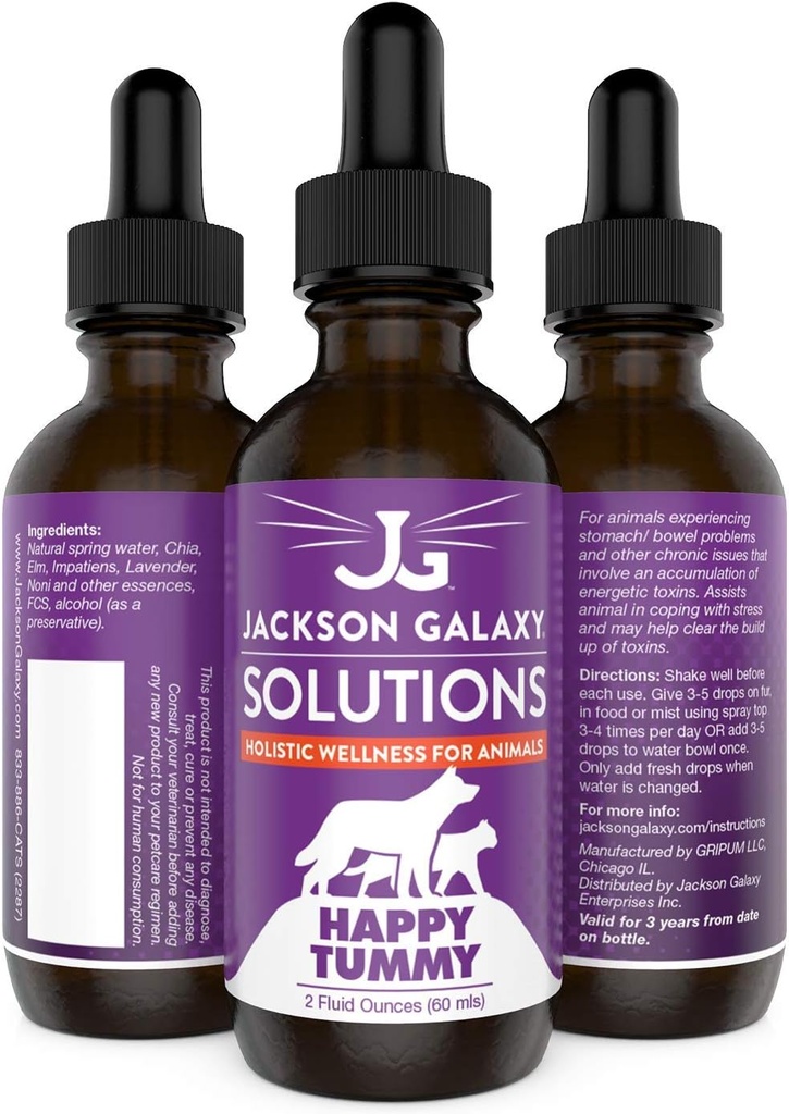 Jackson Galaxy: Happy Tummy (2 oz.) - Solución de mascotas -Ayuda con toxinas de estrés y descarga - Ayuda con problemas de estómago (IBD, estreñimiento, etc.) - All-Natural Formula - Reiki Energy