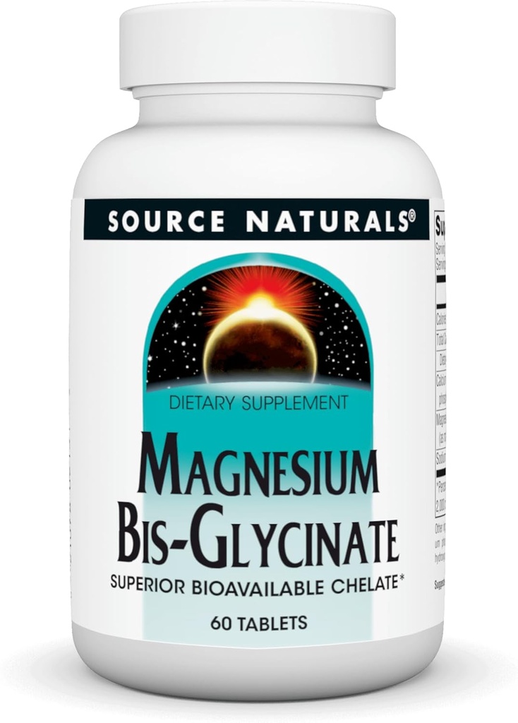 Source Naturals Magnesium Bis-Glycinate, Superior Bioavailable Chelate*, Chelated for Increased Absorption, 200 mg per Serving - 60 Tablets