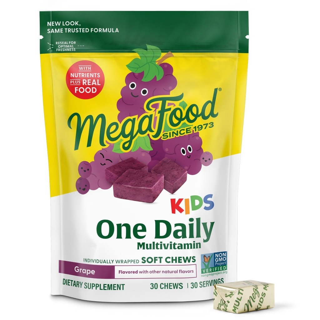 MegaFood Kids One Daily Multivitamin Soft Chews - Kids Vitamins with Vitamin B, Vitamin C, Vitamin D & Vitamin E - Age 4+, Vegetarian, Made Without 9 Food Allergens - Grape Flavor - 30 Chews
