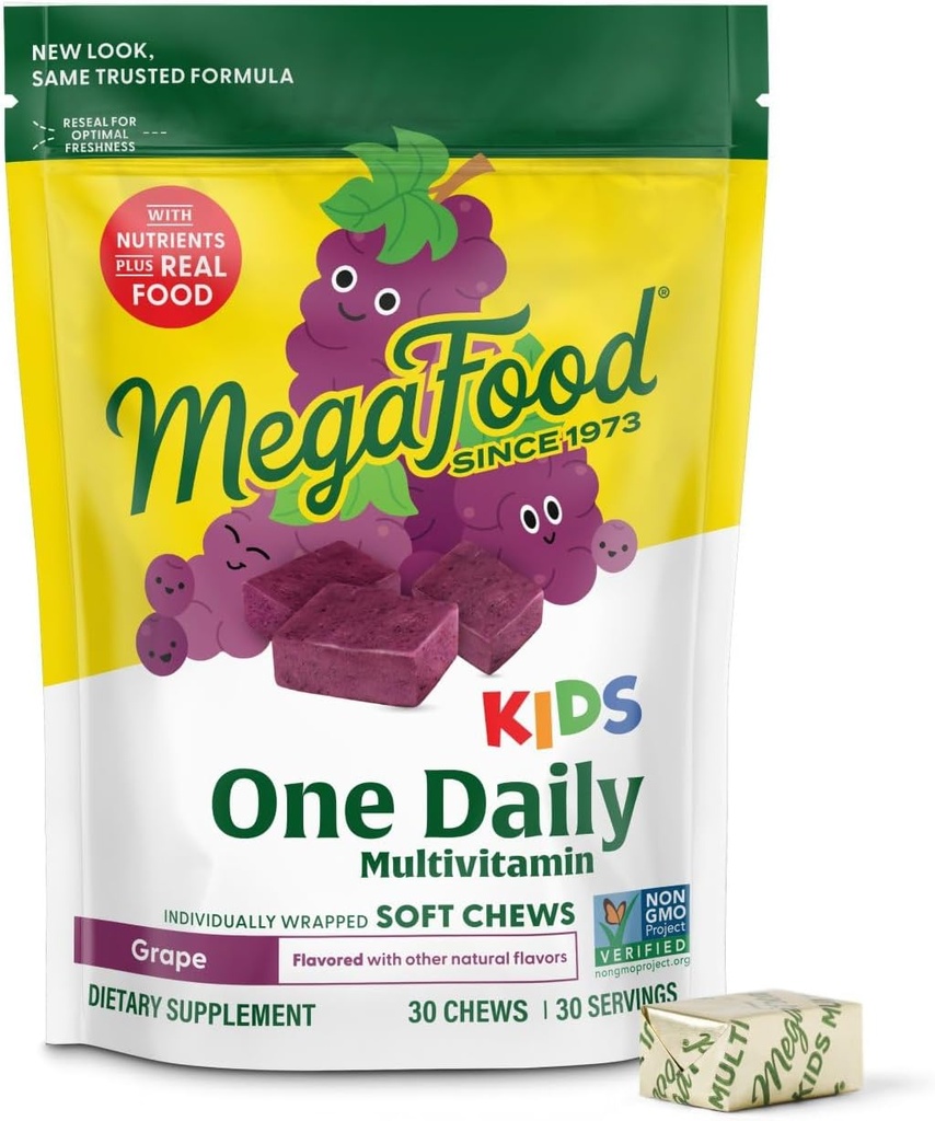 MegaFood Kids One Daily Multivitamin Soft Chews - Vitaminas para Niños con Vitamina B, Vitamina C, Vitamina D &amp; Vitamina E - Edad 4+, Vegetariano, Hecho sin 9 Alérgenos Alimentarios - Grape Flavor - 30 Chews