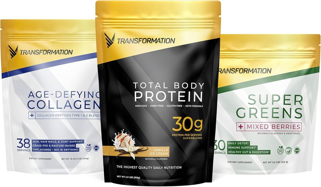 Transformación Vainilla Protein Powder ← 30G Multiproteína Superblend + Péptidos Hidrolyzed Grass Péptidos Pewder- Hair, Skin, Nails + Ecológico Super Greens Superfood Powder- Immune & Energy Support