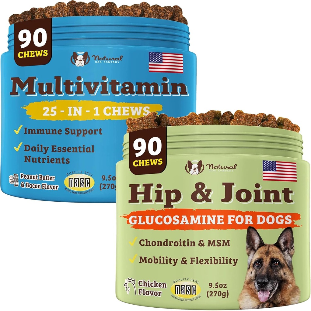 Natural Dog Company Dog Supplements for Seniors & Active Dogs - Multivitamin Chews & Hip & Joint Relief - Complete Nutritional Support for Joint Health, Vitamins for Dogs, Energy, & Vitality