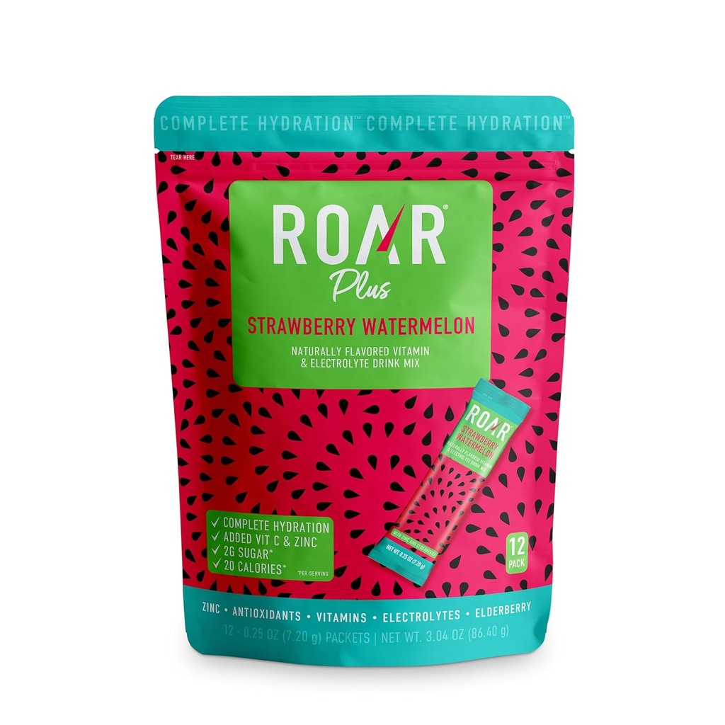 Pulsera de hidratación completa Roar Plus - Packs de hidratación con zinc y aderberry - Electrolitos Polvo sin GMOs, Gluten Gratis - Twist tropical - 12 pc