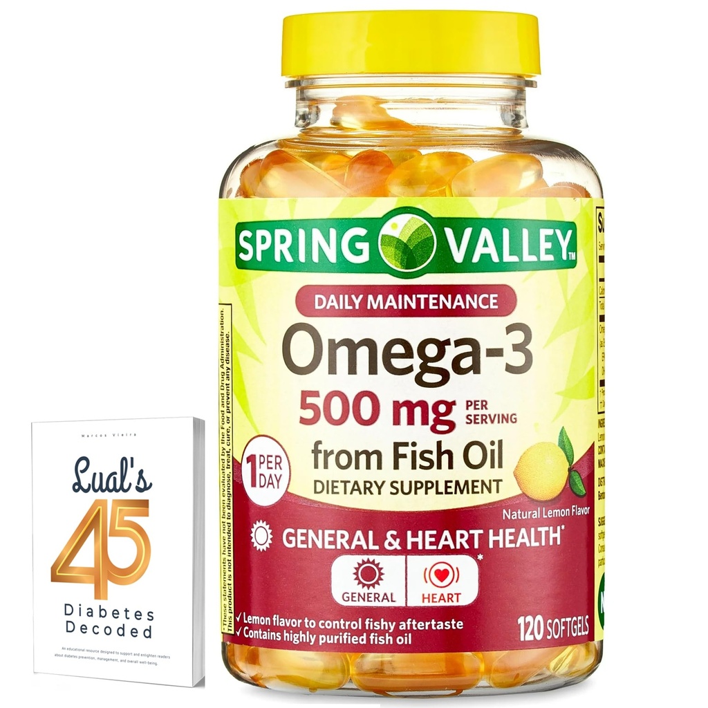 Spring Valley Omega-3 de Fish Oil 500 mg 120 Conde, SoftGels, General &amp; Heart Health Dietary Supplement Bundle with Luall's 45 Diabetes Decoded