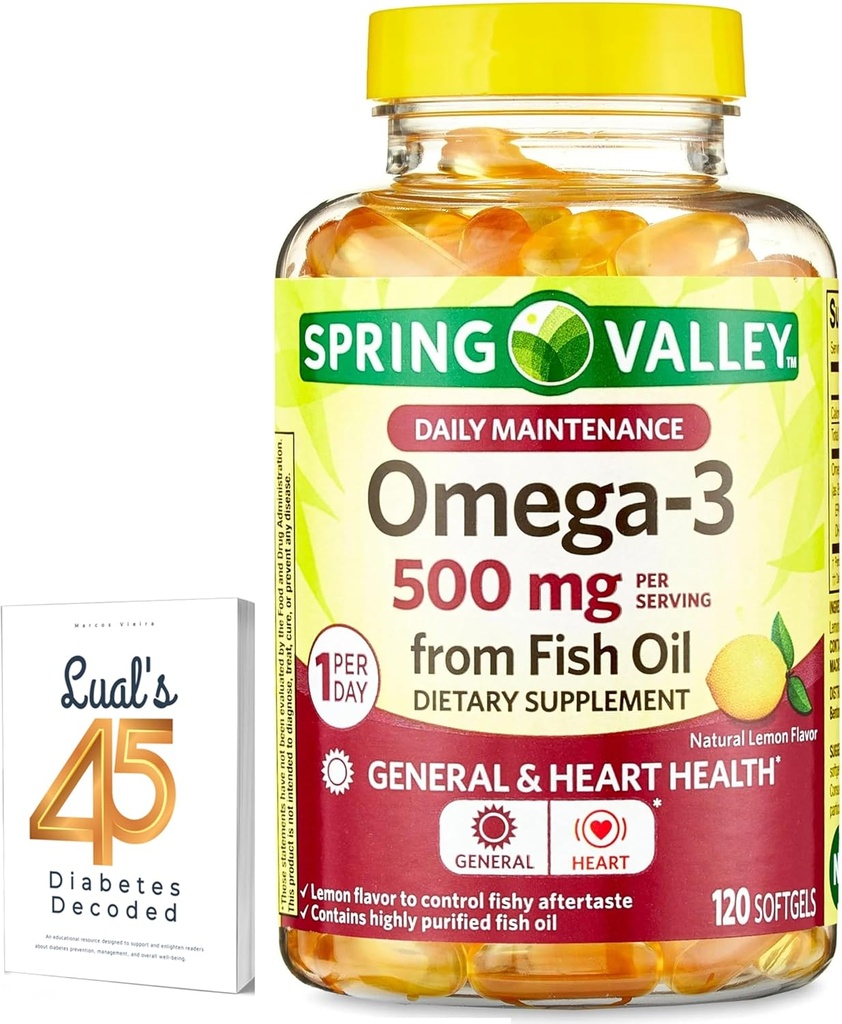 Spring Valley Omega-3 de Fish Oil 500 mg 120 Conde, SoftGels, General &amp; Heart Health Dietary Supplement Bundle with Luall's 45 Diabetes Decoded