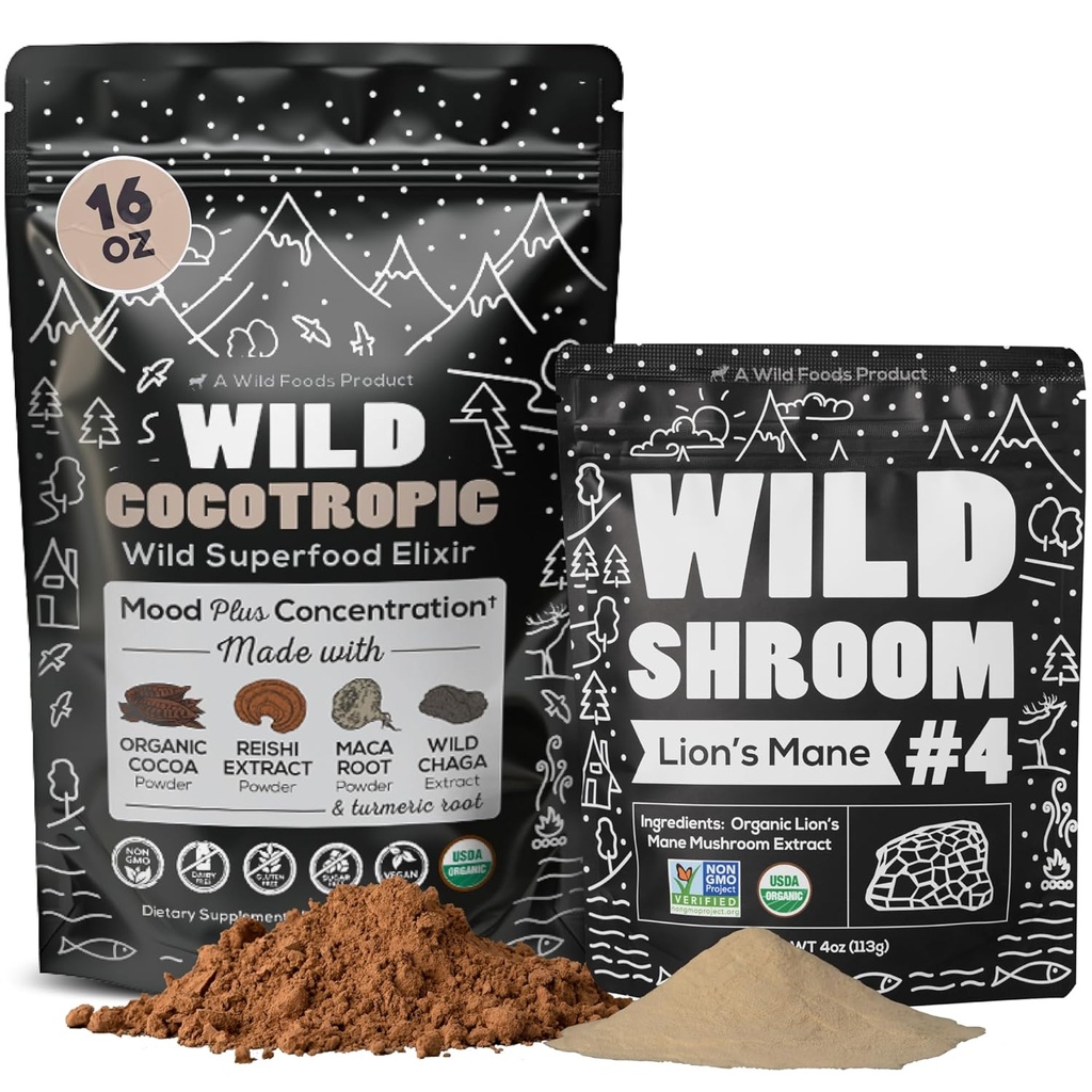 Cocotropic Organic Mushroom Cacao Mix (16oz) " Lion's Mane Powder (4oz) Bundle for Focus and Brain Health