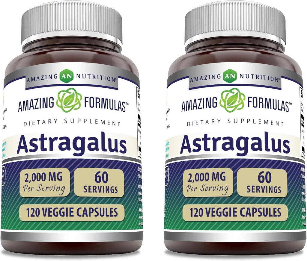 Amazing Formulas Astragalus 2000 mg Por Serving Capsules Suplemento Silencio Hecho de Pure Astragalus Membranaceus Plant Root Extract ← Non-GMO TEN Gluten Free (120 Conteo Ø 2 Pack)