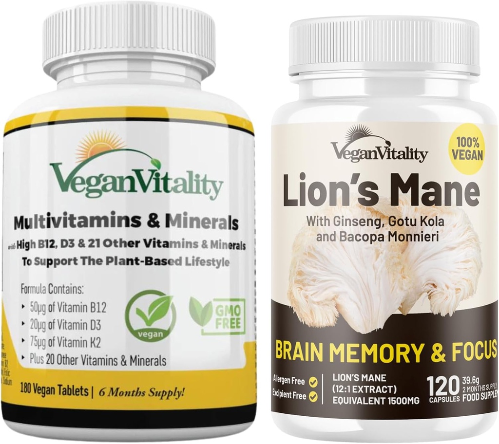 Vegan Vitality Lion's Mane x General Health Combo Bundle - 6 Meses Lion's Mane y Multivitamins