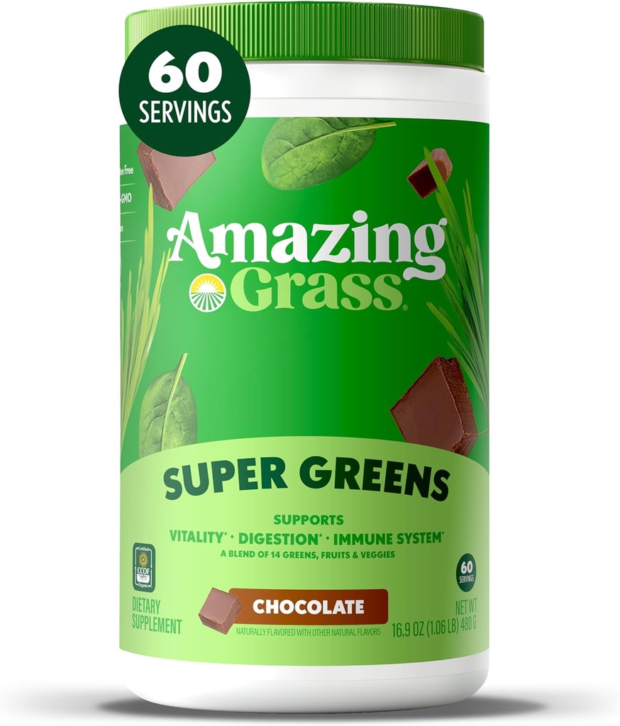 Increíble Grass Greens Superfood Powder: Verdes Polvo con Enzimas Digestivas " Probióticos, Espirulina Orgánica, Clorella y Hoja Root Polvo, Chocolate, 60 Servimientos