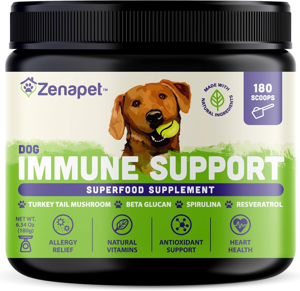 ZENAPET Dog Immune Support Premium Powder Topper, Turkey Tail, Spirulina & Beta-Glucan, Supports a Healthy Immune System & Digestion, Human-Grade, Made in USA