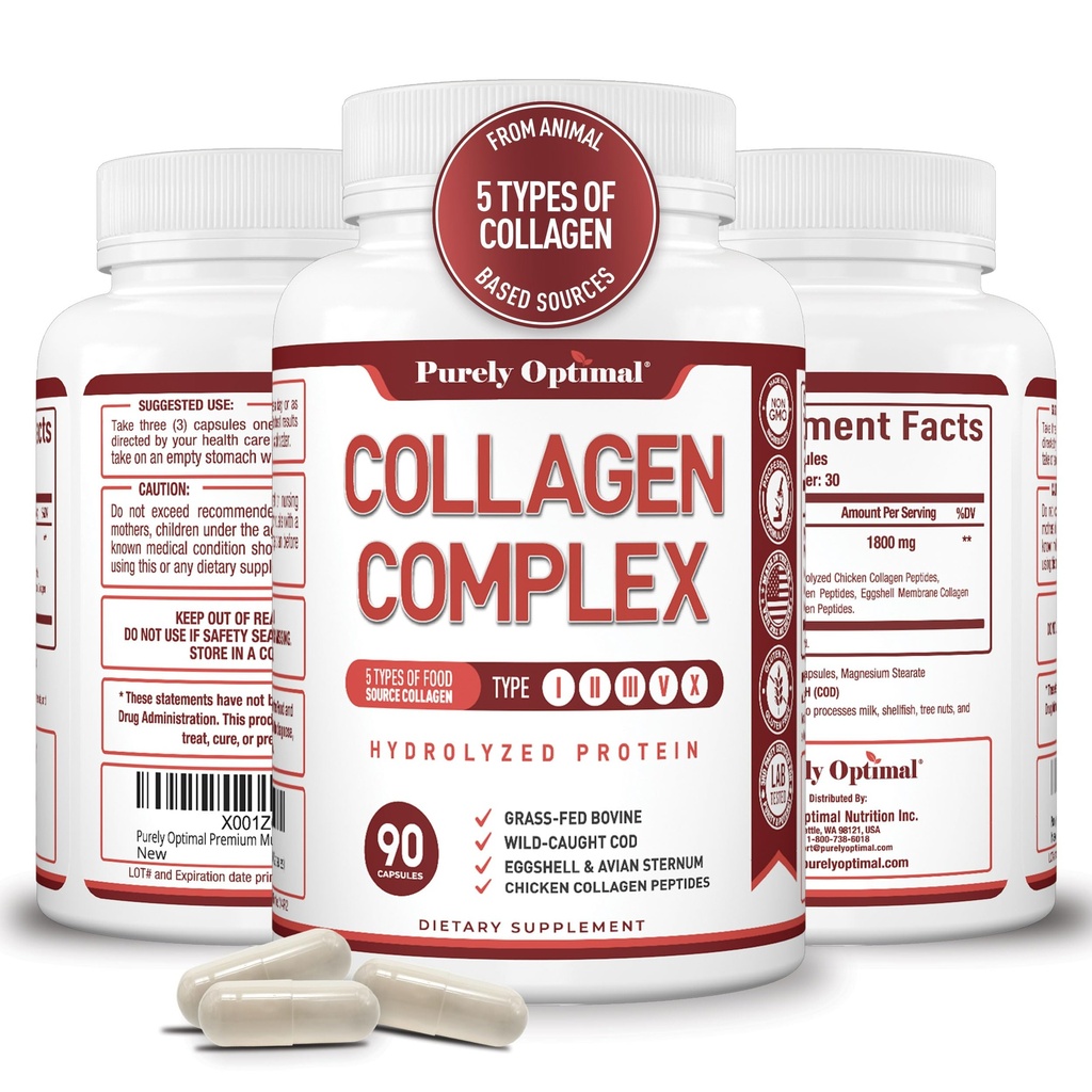 Péptidos multi colágeno puramente óptimos (Tipos I, II, III, V, X) - Pelo, Esquía y uñas, Suplemento de Salud Conjunto Digestivo, Píldoras de colágeno hidrolizado (90 cápsulas)