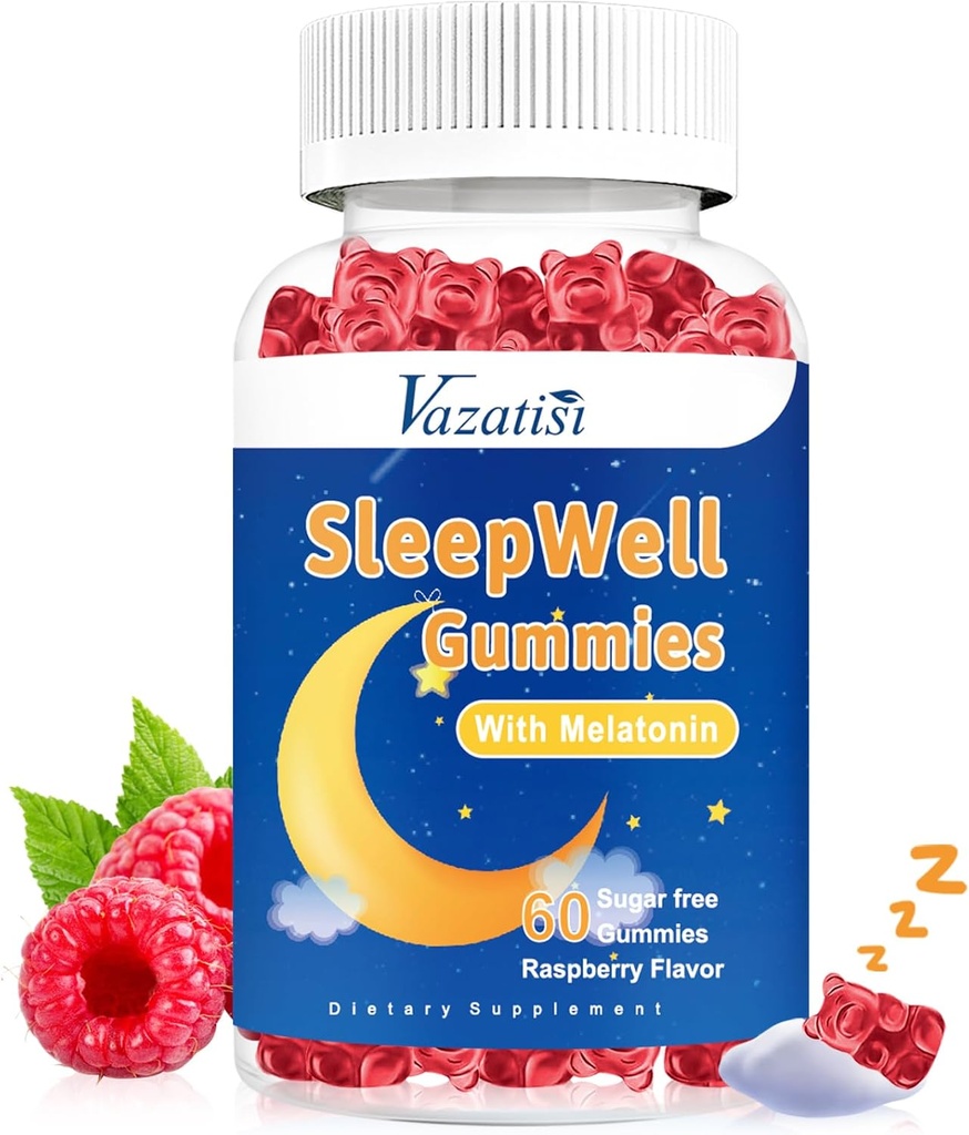 Gummies de sueño para adultos y niños - Gummies de melatonina sin azúcar con 7,5 mg de Melatonina Por Gummy, Magnesio, L-Theanina, Vitamina B12, Vegetariano - Sabor de frambuesa