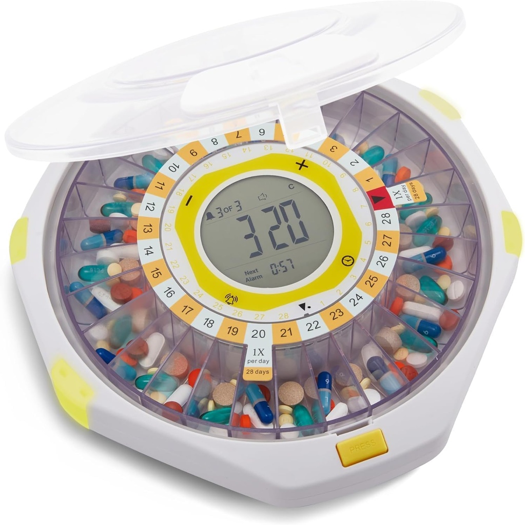 Dispensador automático de píldoras Bluetooth LiveFine, Capacidad de 28 días, Alertas de sonido " , Bloqueo de teclas, LCD " Fácil configuración en la aplicación LiveFine para prescripciones, medicamentos, vitaminas " Suplementos - Lid Frosted