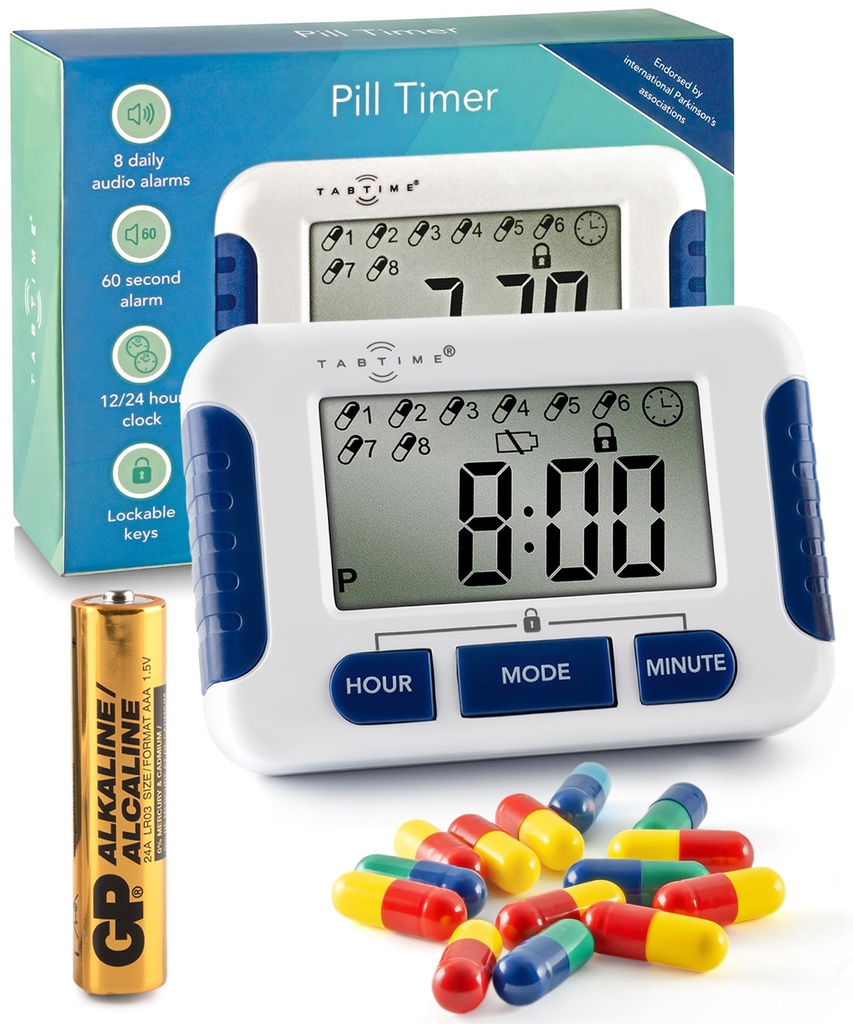 Recordatorio con 8 Alarmas por día, Píldora de Píldoras, Medidor de Píldoras, Dispositivos de Recordación de Medicamentos, Pista de Medicación, Gadget de Pacientes de Essential Parkinson