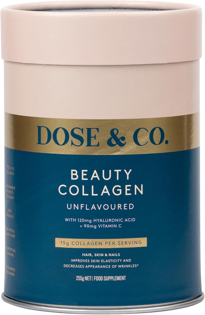 DOSE ' CO. Collagen de belleza con ácido hialurónico y vitamina C para el cabello, piel & uñas, desflavorado - 9oz Suplemento de polvo