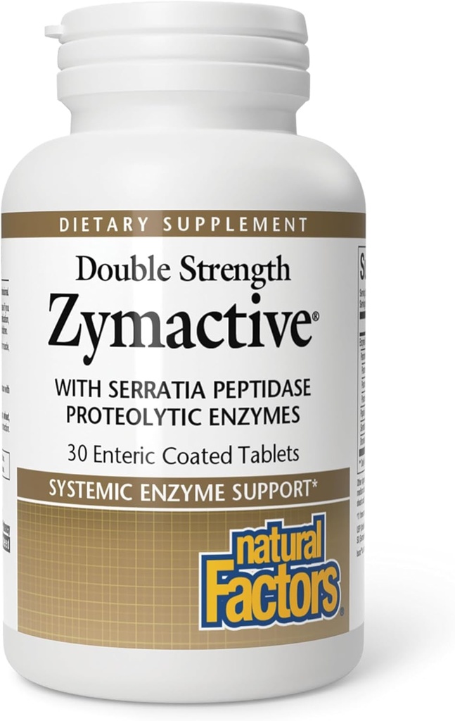 Factores naturales - Zymactive Proteolytic Enzyme Double Strength, Soporta una respuesta inflamatoria saludable para ayudar al músculo y la función conjunta, Gluten Free, Non-GMO, 30 Tablets Enteric Coated