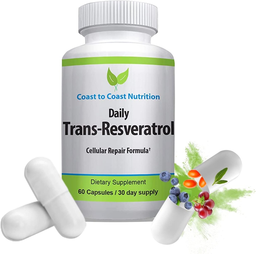 Suplemento Trans-Resveratrol - cápsulas orgánicas – Suplementos veganos para Mujeres y Hombres, Antioxidante natural, Suplemento de polifenoles, Anti envejecimiento - 60 cápsulas, 600 mg, 30 días de suministro