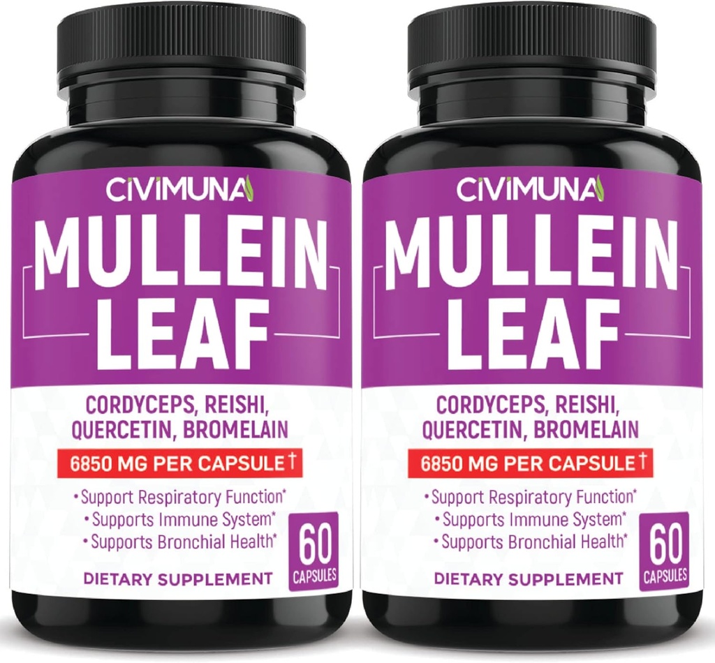 (2 Packs) Mullein Leaf Capsules 6850mg - Mullein Leaf, Cordyceps, Reishi - 4 Months Supply