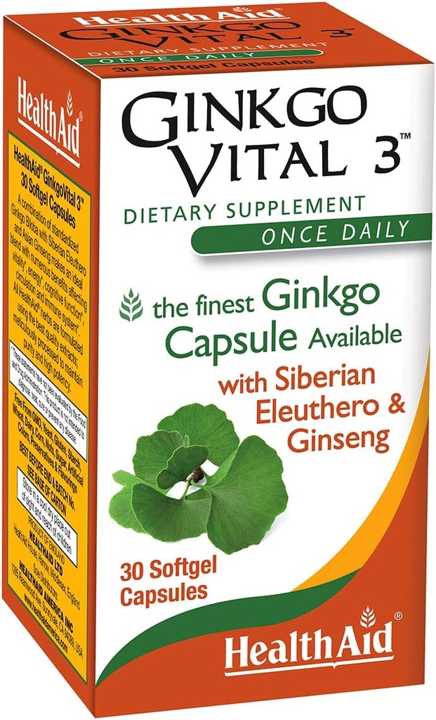 HealthAid Ginkgo Vital 3 – Once-Daily Softgel con Ginkgo Biloba, Siberian Eleuthero & Korean Ginseng ← Soporta la Claridad Mental y la Circulación