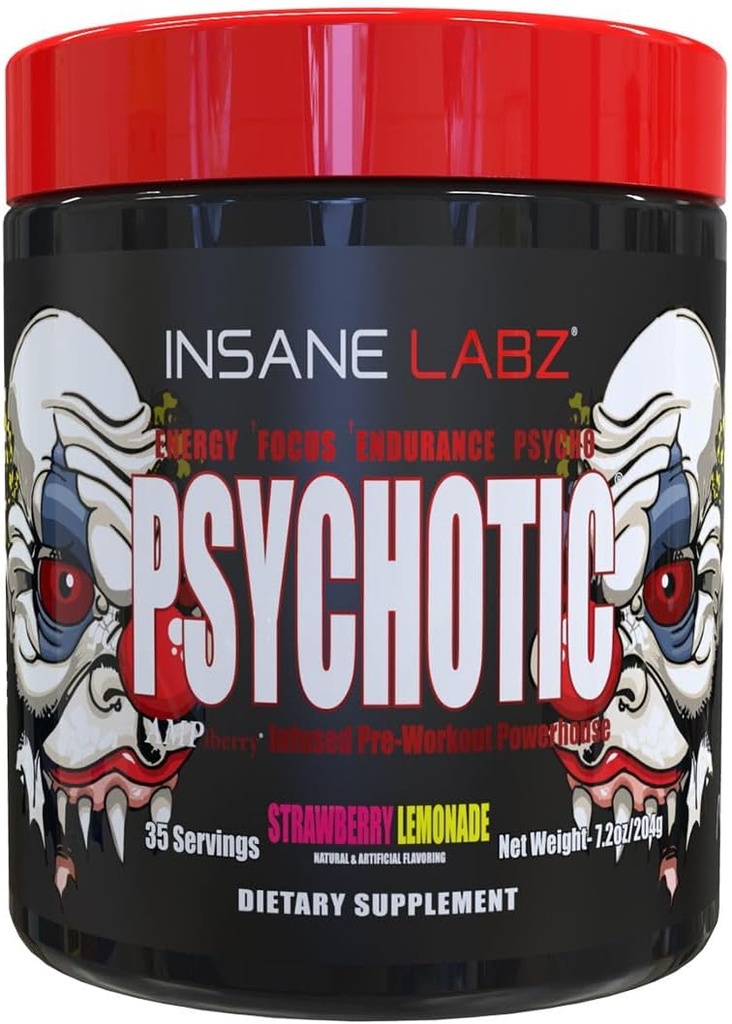 Insane Labz Psicotic, High Stimulant Pre Workout Powder, Extreme Lasting Energy, Focus and Endurance with Beta Alanine, Creatine Monohydrate, DMAE, 35 Srvgs (Strawberry Lemonade)