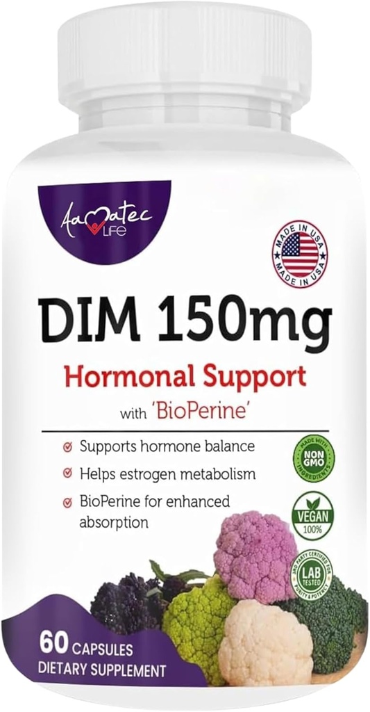 Complejo DIM femenino 150mg - Biperina Estrógeno Balancing Pills for Menopause " Hot Flashes Relief Support Hormonal Acne Powerful Supplement - 60 cápsulas - Made in USA