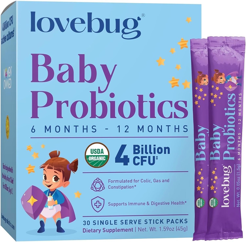 Probióticos LOVEBUG para bebés - Probióticos biológicos para bebés 6-12 meses para bebé inmunitario, gas, cólico, diarrea &amp; estreñimiento Alivio del azúcar, polvo sin sabor, 30 Pack
