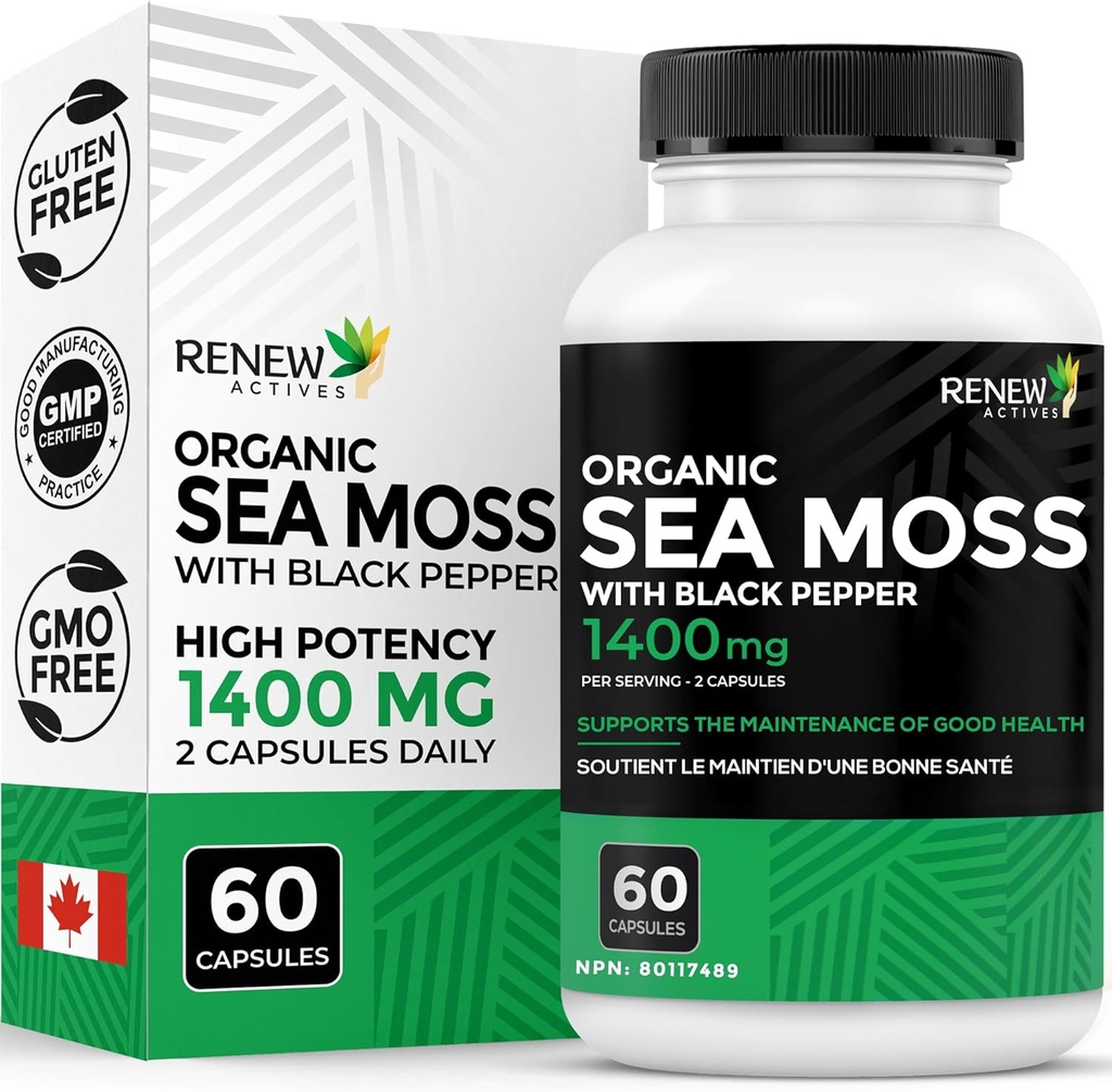 Renew Actives Sea Moss Triple-Action Antioxidant Blend with BioPerine – Organic Irish Sea Moss 500MG, Bladderwrack 500MG & Burdock Root 400MG por 2 cápsulas – Made in Canada - 60 cápsulas