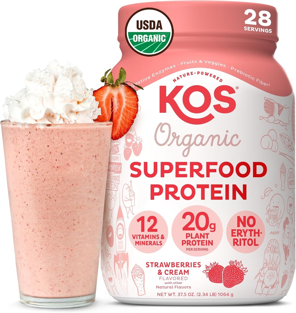 KOS Vegan Protein Powder, Strawberries &amp; Cream USDA Organic - Low Carb Pea Protein Blend, Plant Based Superfood with Vitamins & Minerals, Gluten Free - Meal Replacement for Women &amp; Men - 28 Servings
