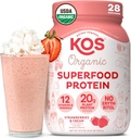 KOS Vegan Protein Powder, Strawberries &amp; Cream USDA Organic - Low Carb Pea Protein Blend, Plant Based Superfood with Vitamins & Minerals, Gluten Free - Meal Replacement for Women &amp; Men - 28 Servings