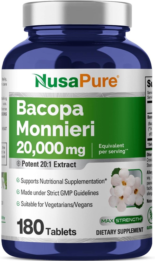 NusaPure Bacopa Leaf Monnieri Extracto 20,000 mg 180 Tabletas (Extract 20:1, Non-GMO, Gluten Free)