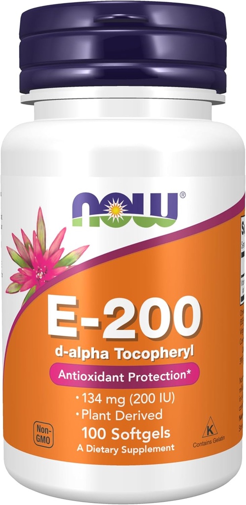 AHORA Suplementos de alimentos, vitamina E-200 UI, D-Alpha Tocopheryl, Protección Antioxidante*, 100 Softgels