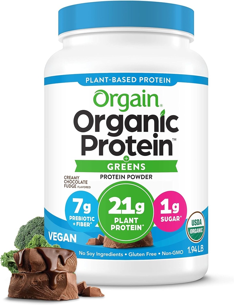 Orgain Orgain Orgánica Proteína Vegan Powder + Verdes, Creamy Chocolate Fudge - 21g Planta Basada Proteína, Gluten Gratis, Dairy & Lactose Gratis, Soy Gratis, No Sugar Añadido, Hierro &amp; Prebióticos para Gut Health - 1.94lb