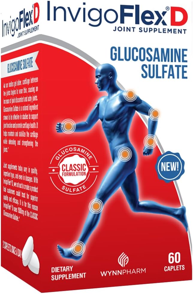 INVIGOFLEX® D - 1500mg de sulfato de Glucosamina ( Formulación Clásica) - Suplemento Conjunto Premium para rodillas, manos, espalda, " Hip Support D: Glucosamine Sulfate, cápsulas - 60 Ct