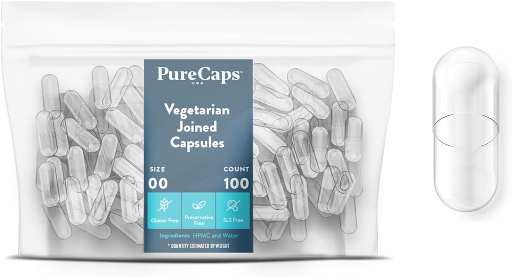 PureCaps USA - Empty Vegetarian and Vegan Pill Capsules Tamaño 00 horas 100 Únete a Pills   Clear Anterior Non-GMO Certified durable SLS, Gluten, Preservative Free