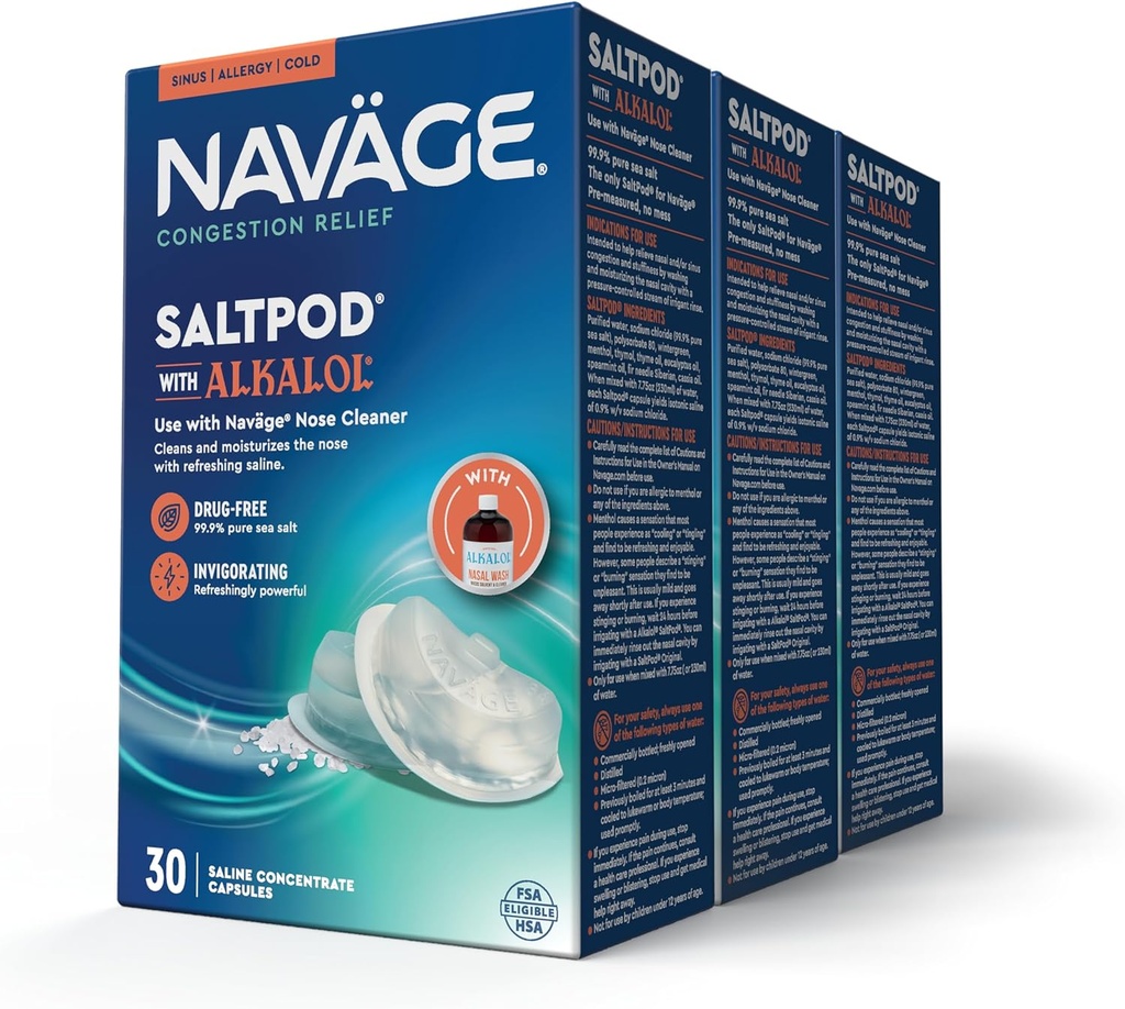 Navage SaltPod w/ Alkalol (3 30-Packs) - Diseñado exclusivamente para Navage Nasal Rinse - Sinus Rinse Alkalol Pods for Fast Relief (90 SaltPod Refills)