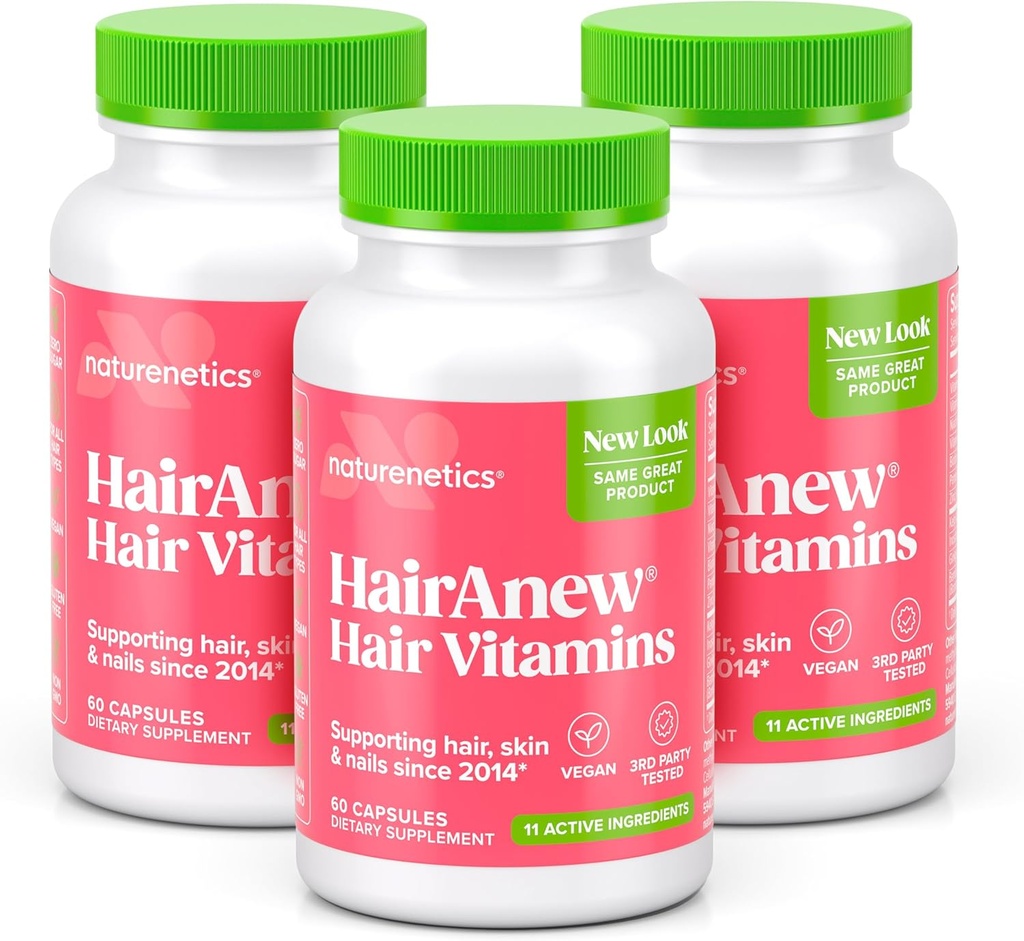 HairAnew Hair Growth Vitamins for Thicker Stronger Hair ← Trabaja para Mujeres &amp; Hombres Todos los Tipos de Cabello TEN 11 Vitaminas de Pelo &amp; Ingredientes TEN 5000mcg Biotin ← Vegan TENIDO Independientemente Testado TEN 60 cápsulas (3)