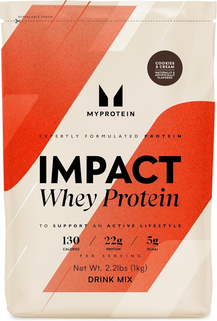 Myprotein Impact Whey Protein Powder, 2.2 Lbs (32 Servings) Cookies " Cream, 22g Protein " 5g BCAA Por Serving, Protein Shake for Superior Performance, Muscle Strength " Recovery, Gluten Free
