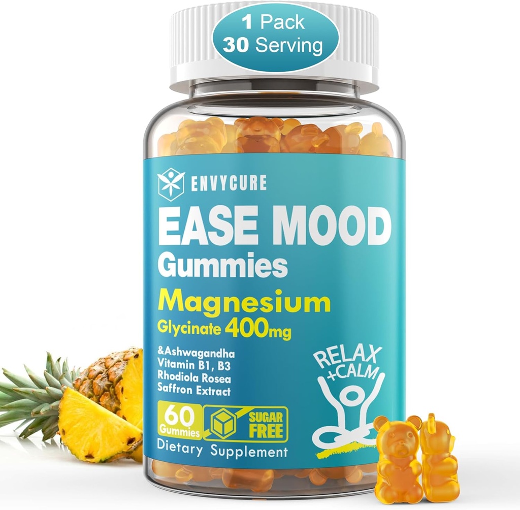 Azúcar Magnesium Glycinate Gummies 400mg con Ashwagandha, B1, B3, Rhodiola Rosea &amp; Saffron para el descanso, Mood &amp; Energy Calm Magnesium Gummies for Adults, Chewable Magnesium Supplement, 60Ct