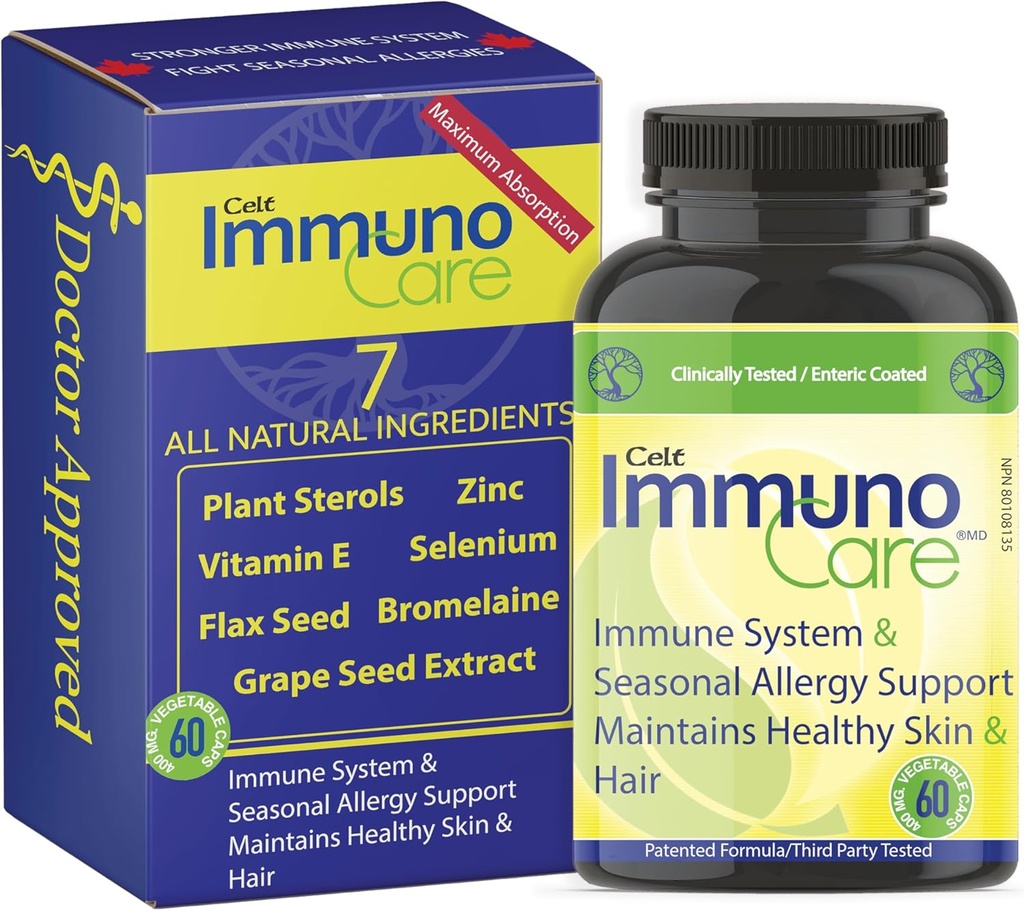 Celt Immunocare 60 v-caps - Potent Seasonal Allergy Blend - Adult Immunity Support - Colesterol Modulator - Plant Sterols Ultra Strength - 7 Key Immunity Enhancing Ingredients
