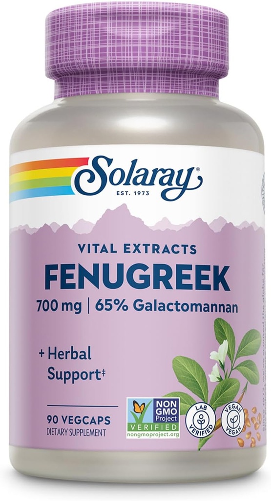 SOLARAY Fenugreek Seed Extract 700 mg - Fenugreek Capsules con fibra dietética del 65% Galactomannan - Non-GMO, Vegan Fenugreek Suplemento para la digestión saludable Apoyo - 45 Servimientos, 90 VegCaps