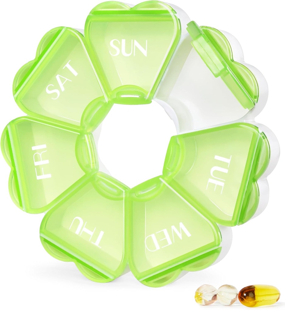 MOLN HYMY Gran Caja de Píldora Semanal 7 Día, Cute Pill Case Organizer 1 vez al día, Floral Pill Container Once Daily, Pretty Medicine Dispenser for Vitamin/Fish Oil/Medication/Supplements (Green)
