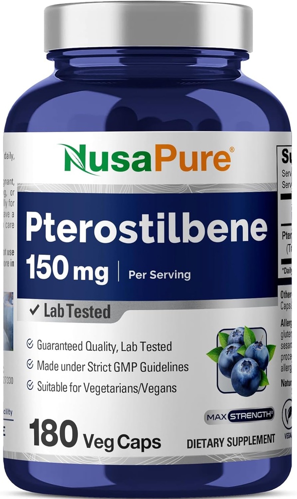 NusaPure Pterostilbene 150mg 180 Veggie Caps (No-GMO, Vegan)