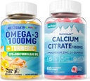 1Pack Sugar Citrato de Calcio Libre, Citrato de Magnesio &amp; 1Pack Vegan Omega-3 Gummies 1000mg + Turmeric