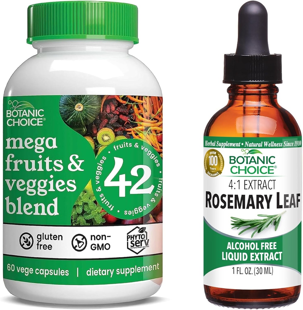 Botanic Choice Mega Fruits and Veggies Blend (60 Capsules) + Rosemary Leaf Extract (1 fl oz) Bundle - Energy Balance & Superfood Supplement + Concentration &amp; Memory Support
