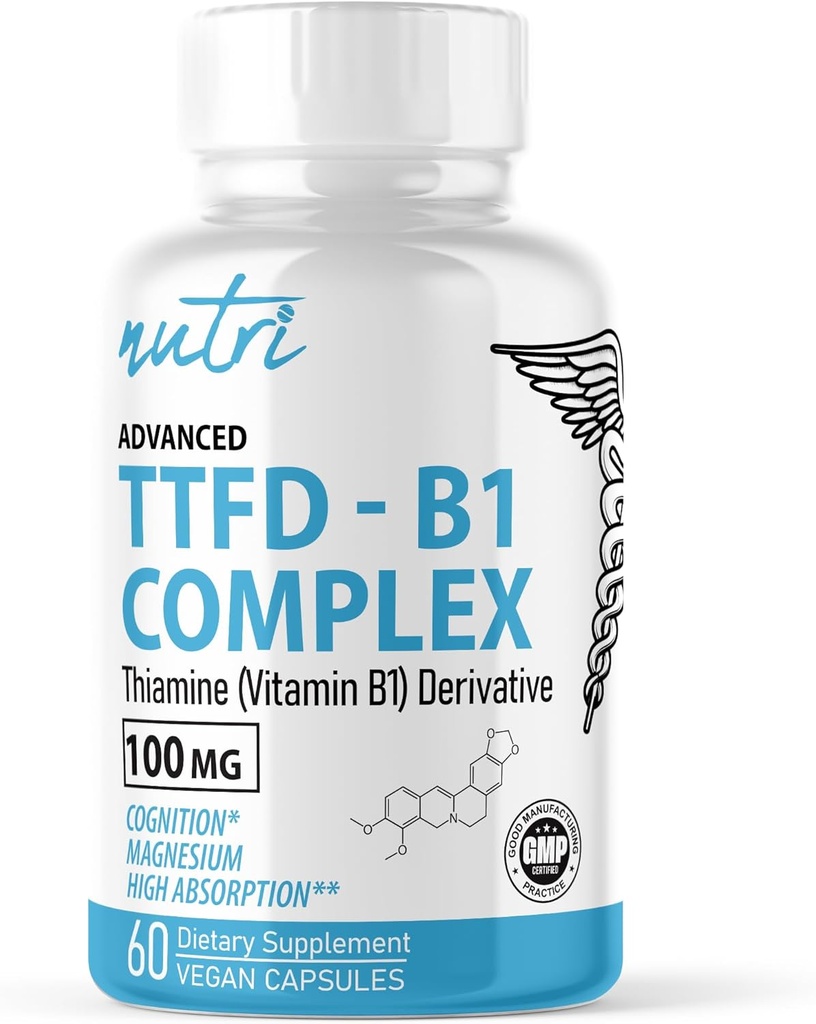 Fusiones de la naturaleza TTFD Thiamine B1 Suplemento - 100mg 60 Servings - con 8mg Magnesio - No Tortillas Tóxicas - TTFD Thiamine Tetrahydrofuryl Disulfide - Laboratorio de terceros probado - Suplementos Nutri
