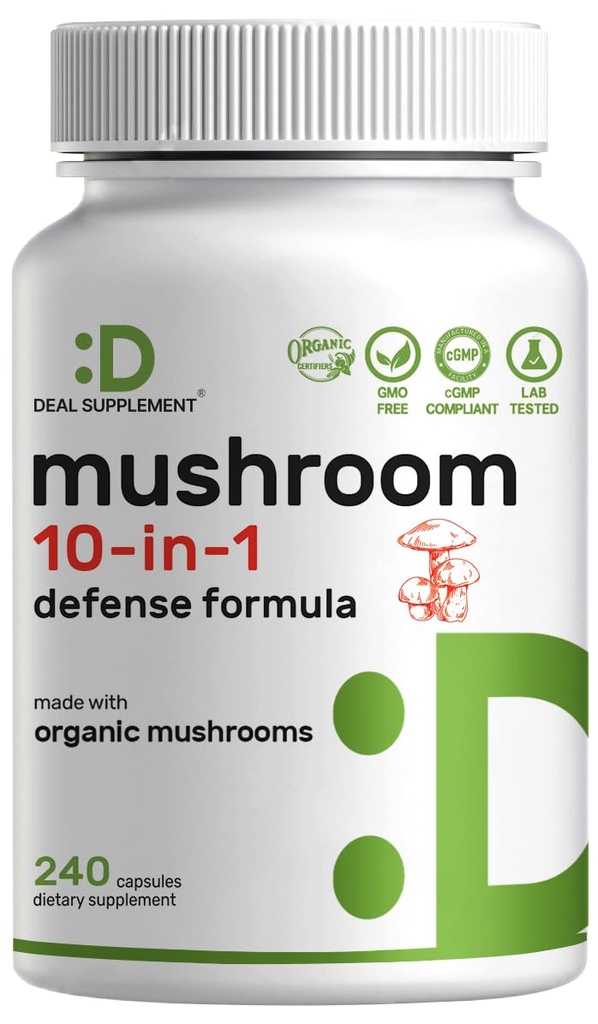 Suplemento orgánico de 10 en-1, 240 cápsulas – Lions Mane, Turquía Tail, Reishi, Cordyceps &amp; Más Mushroom Complex – Immune, Energy & Nootropic Brain Support – Non-GMO