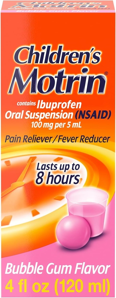 Medicina de la Suspensión Oral Motrin de los niños, 100 mg Ibuprofeno, Reductor de la fiebre infantil " Dolor de dolores menores " Debido a la gripe fría " , sin alcohol, sabor de burbujas Gum, 4 fl. oz