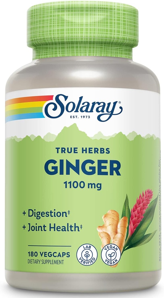 SOLARAY Ginger Root 1100mg ← Digestión saludable, articulaciones y movilidad " Stomach Discomfort Support ¦ Whole Root ← Non-GMO & Vegan  180 VegCaps