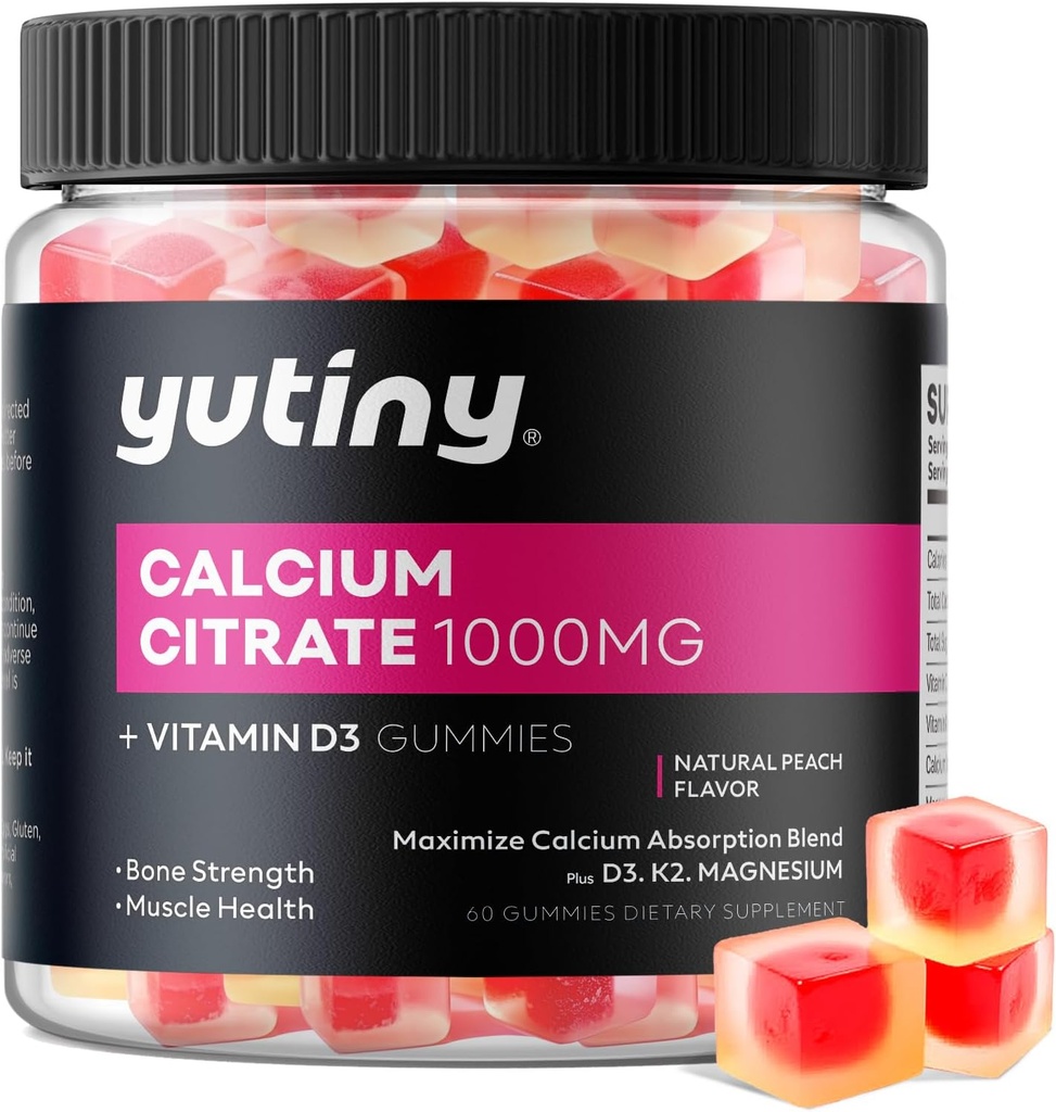 Calcio Citrato Gummies rellenos, Absorción extra Calcio Citrato de 1000 mg con vitamina D3, K2 &amp; Magnesio, Suplemento Chewable para Hueso, Salud muscular, 60 Cuenta