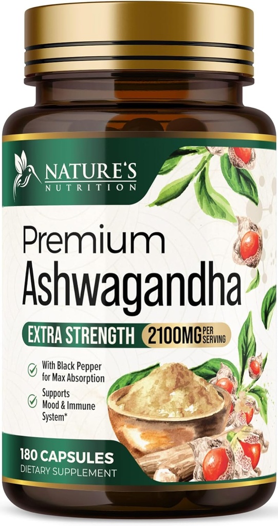 Suplementos de Ashwagandha - 2100mg Cápsula de Ashwagandha para Hombres de Mujeres, Apoyo Antioxidante Natural, Extracto de Ashwa Root, Apoyo a la calma de fuerza extra con Pepper Negro, Vegan &amp; Gluten Gratis - 180 Cápsulas